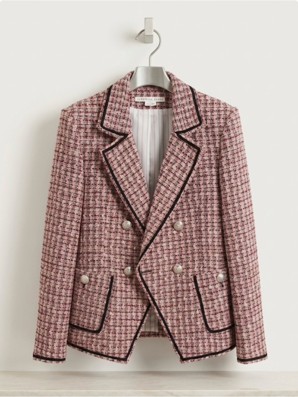 Veronica Beard Pink Tweed Double-Breasted Blazer with Black Trim